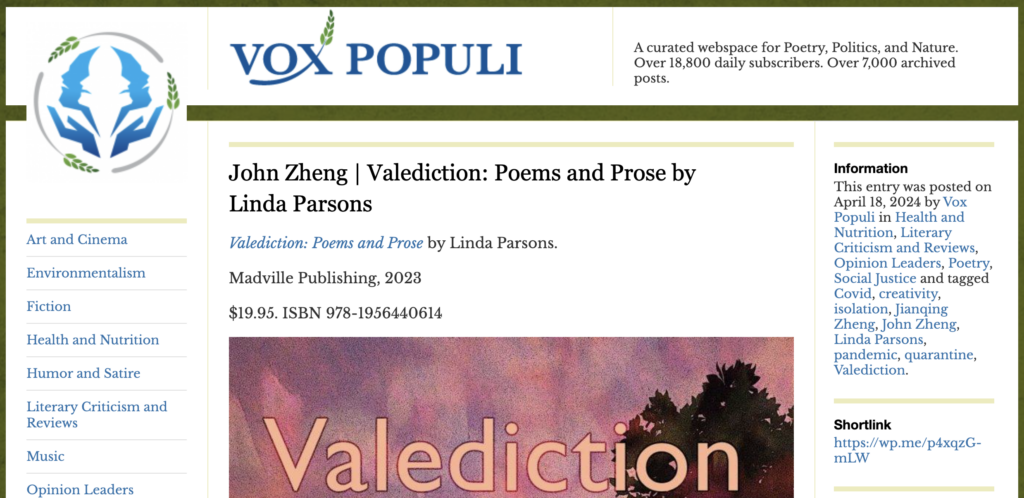 screencapture of the top portion of a review that appeared in Vox Populi on April 18, 2023. The review is of Valediction, and it is by John Zheng. Click anywhere to be taken to the article.